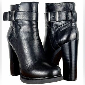 Nine West Women's Ankle Boots Black Leather Stacked Heel Buckle Side Zip Size 5